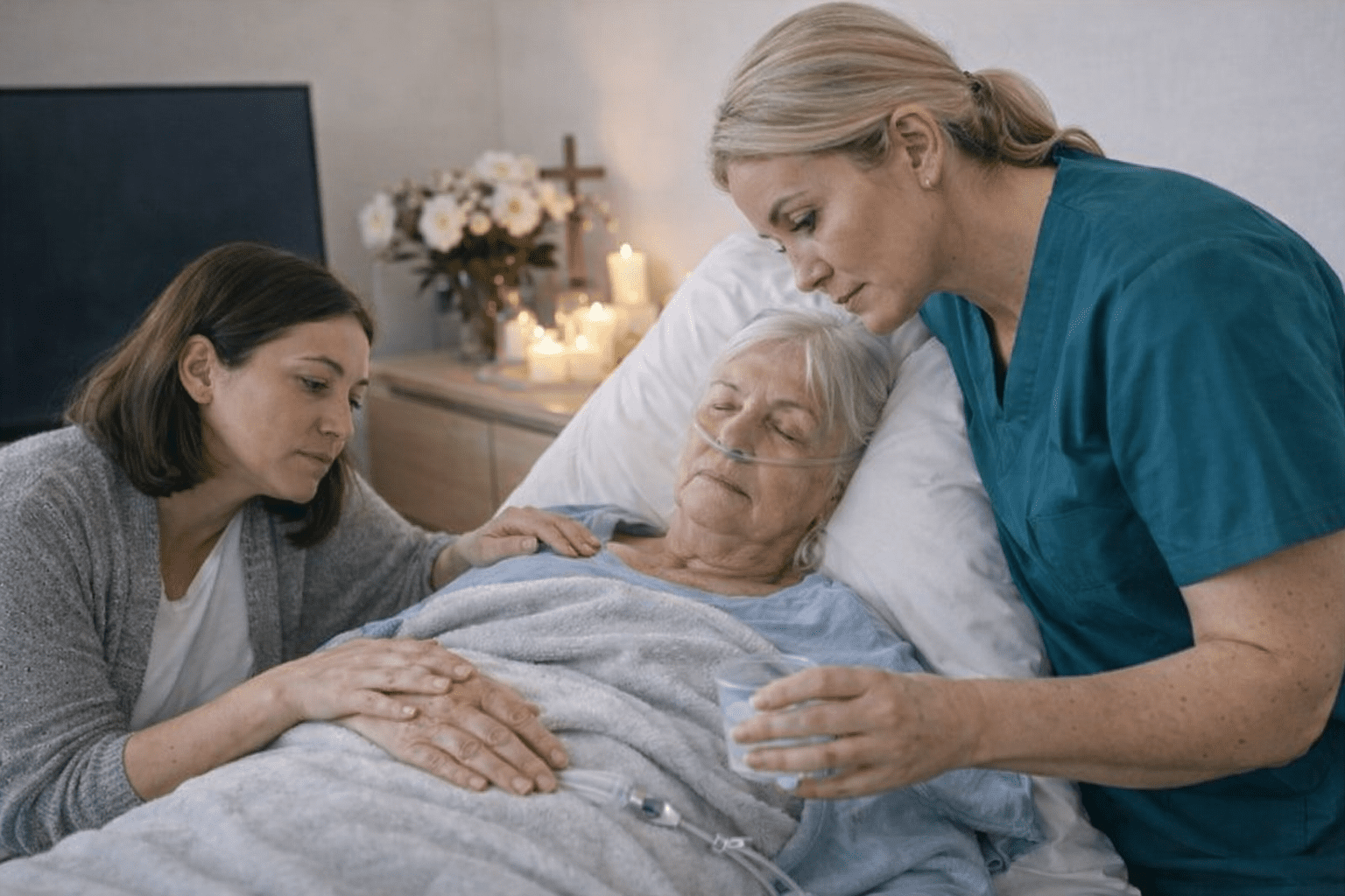 Healthcare worker providing palliative care to an elderly woman in bed with a family member beside her