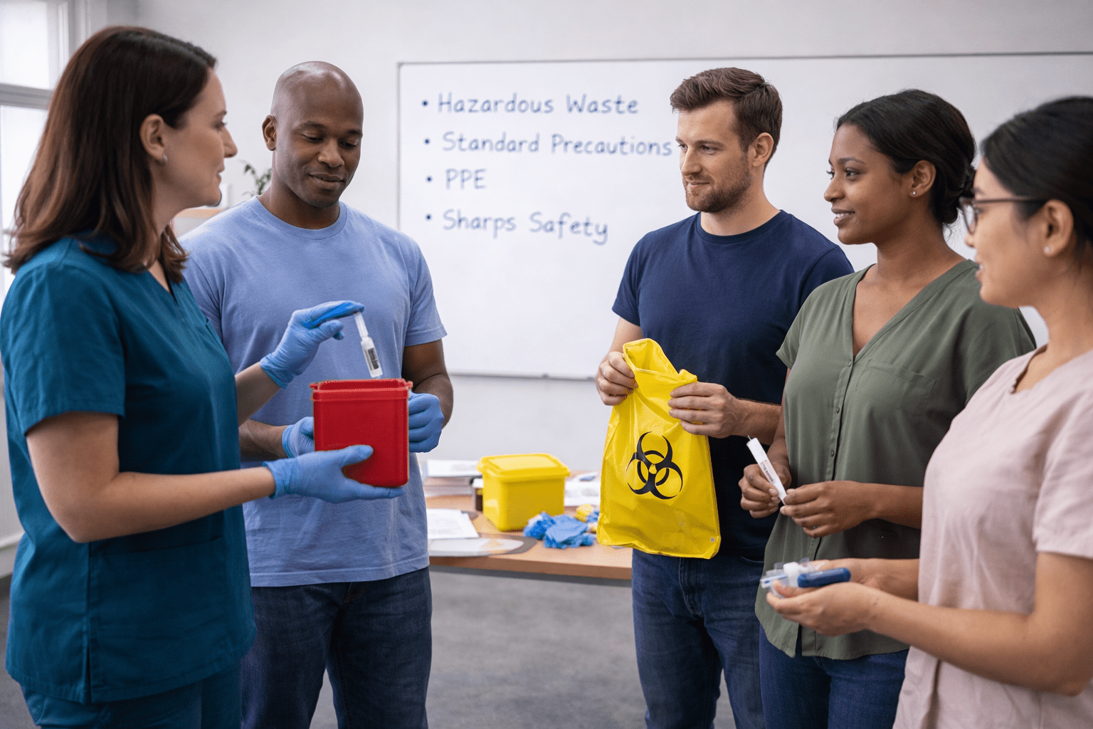 Healthcare worker demonstrating waste management procedures to a group of healthcare staff