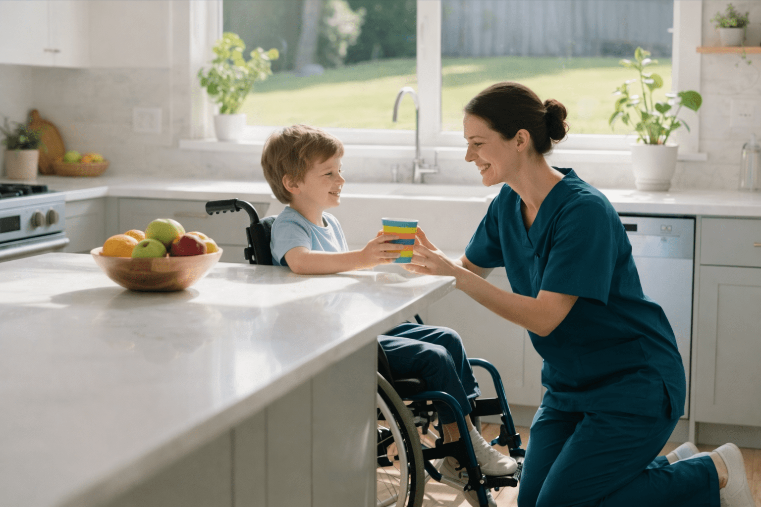 Healthcare worker handing a cup to a child in a wheelchair in a kitchen, smiling together
