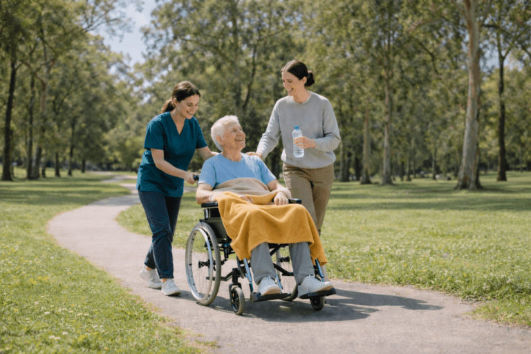 Healthcare worker assisting an elderly man in a wheelchair while a family member walks alongside them
