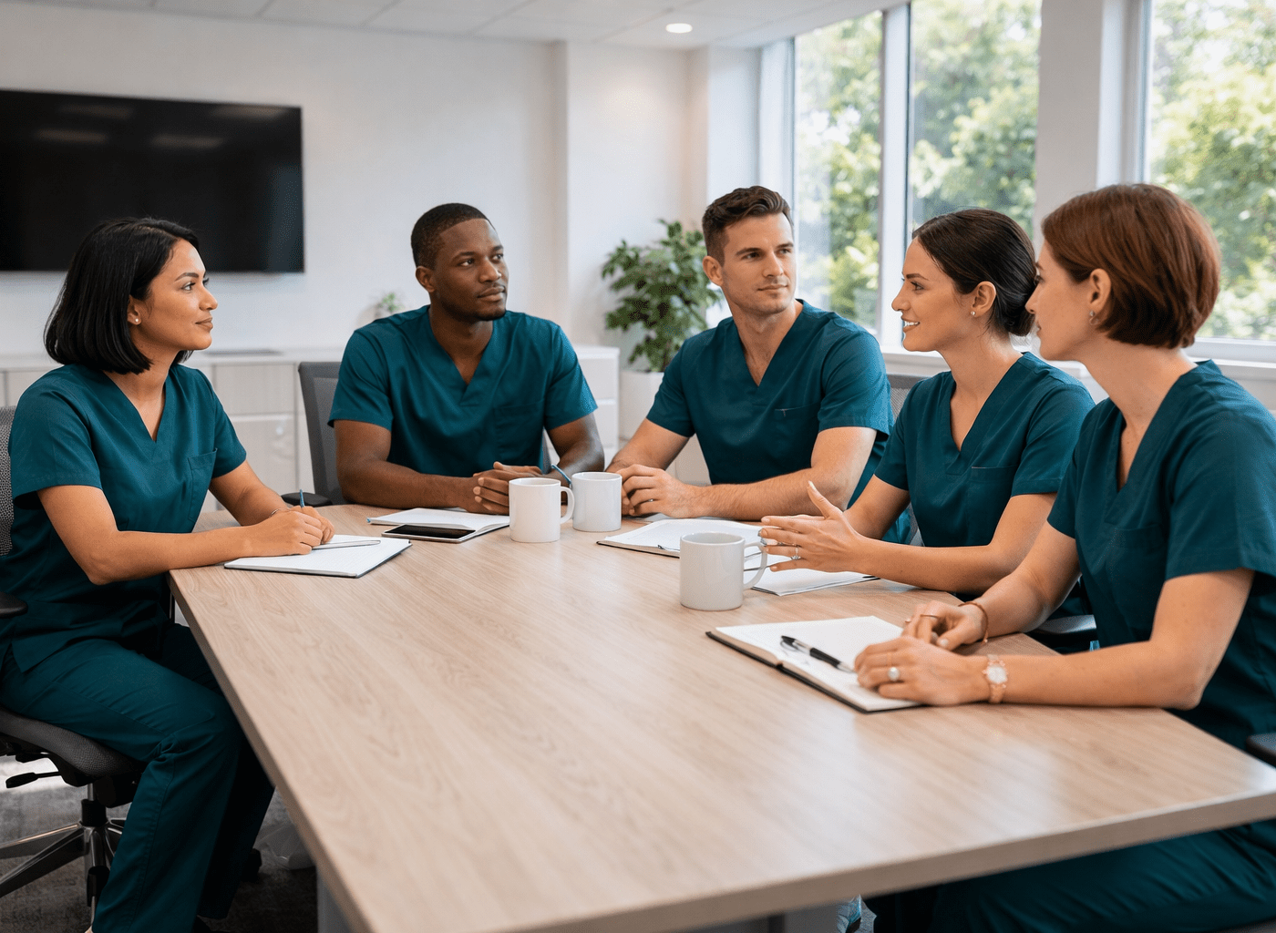 Five nurses sitting together at a table having a discussion