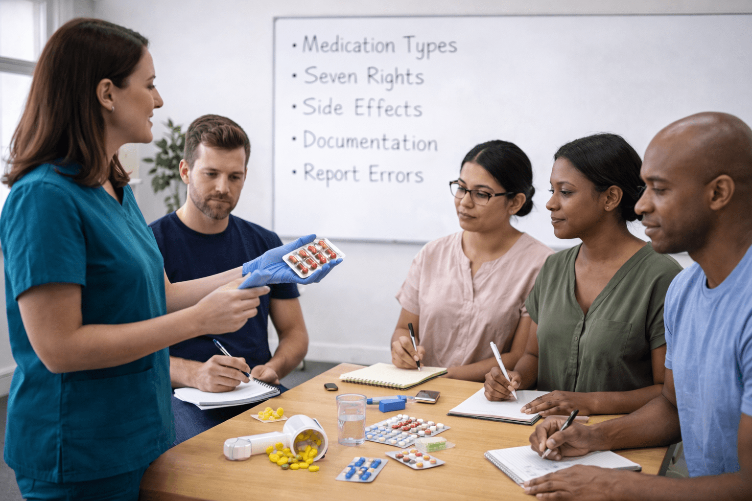 Healthcare worker demonstrating medication procedures to a group of healthcare staff
