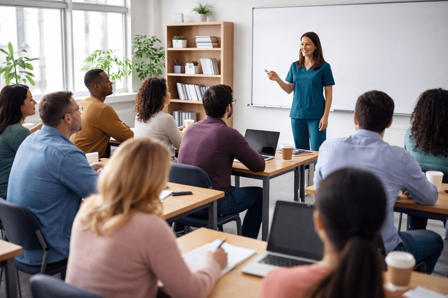 Healthcare worker delivering complex care training to a group in a classroom setting